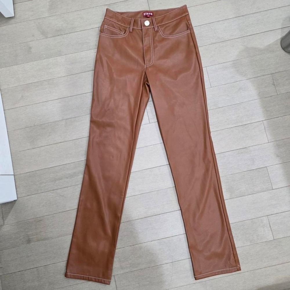 STAUD Women Brown Vegan Leather Contrast Stitch Straight Leg Pants Size 0